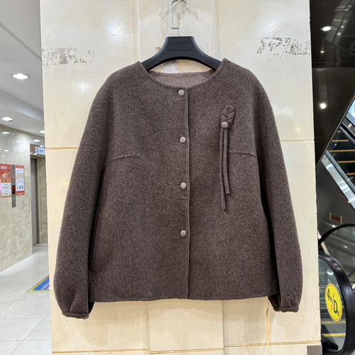 YDD-96D068 撞色单排扣灯笼袖圆领休闲短装双面羊毛呢大衣外套冬