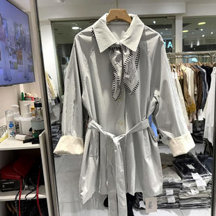 尚青6021 花色丝巾翻领单排扣系带收腰小个韩系中长风衣外套春装