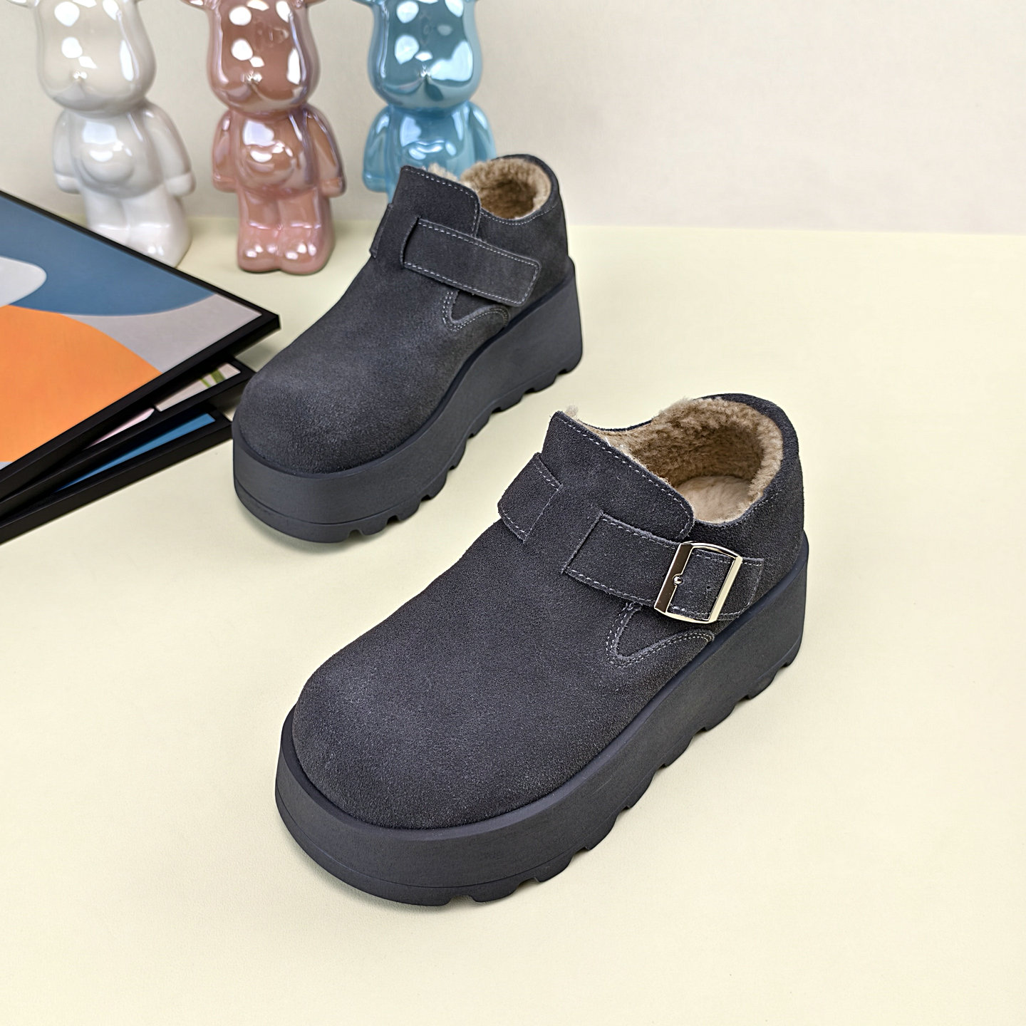 加绒保暖圆头厚底勃肯鞋女