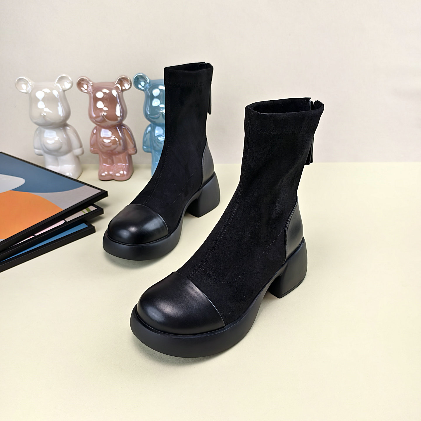 2025新款秋冬后拉链轻便百搭短靴女厚底防滑弹力时尚粗跟瘦瘦靴