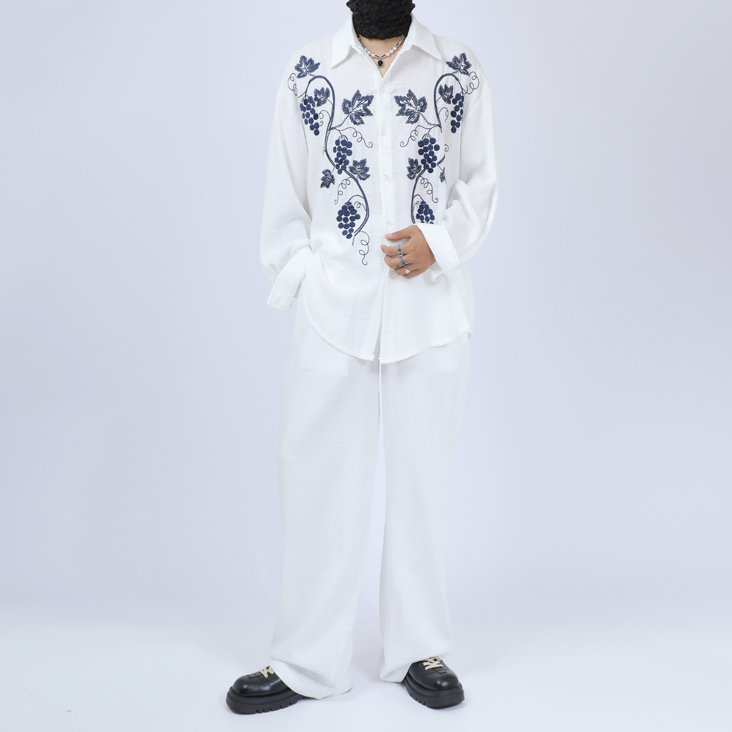 原创男装新款时尚套装轻奢重工刺绣衬衫宽松长袖白色休闲裤两件套,男装,时尚套装,淘宝优惠券,粉丝福利购,淘宝优惠卷