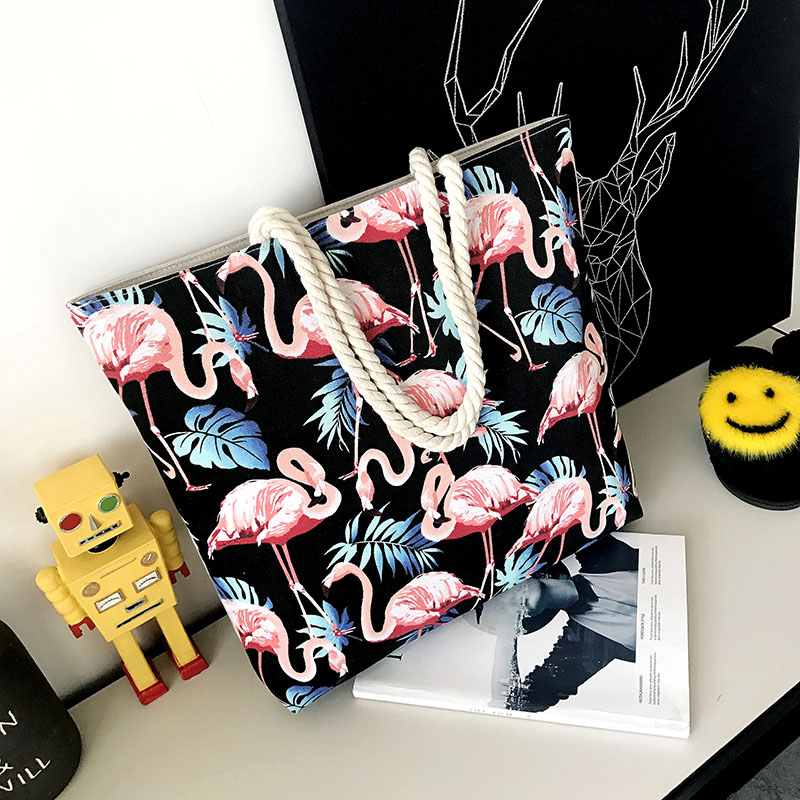 火烈鸟印花帆布托特包大容量