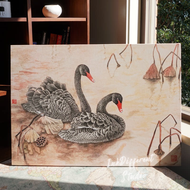 「黑天鹅」原创ids工笔国画无框装饰画挂画50*70cm