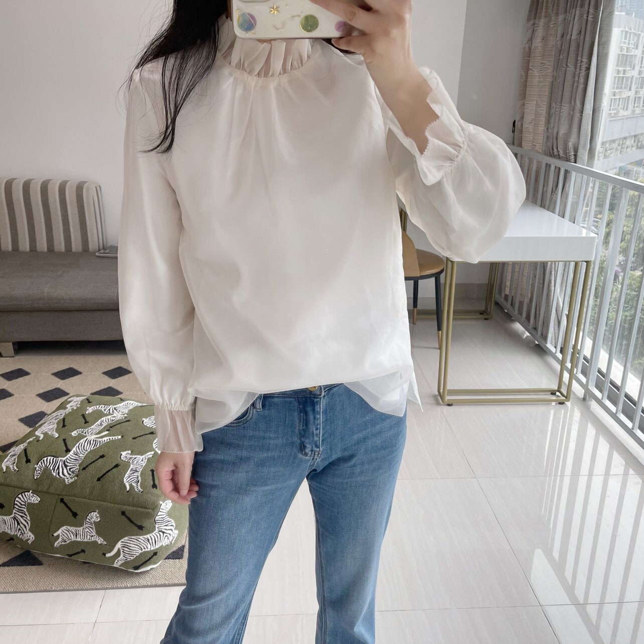 早春新款真丝欧根纱褶皱小立领长袖衬衫百搭宽松桑蚕丝打底上衣