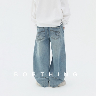 2026新款 男童春装 裤 脚打褶简约牛仔裤 潮 儿童浅色水洗百搭直筒长裤