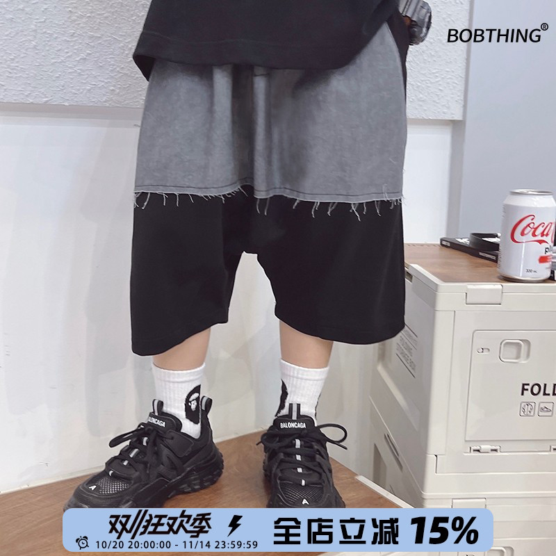 灰布拼接儿童宽松吊裆运动中裤男童夏季时髦短裤中大童休闲五分裤