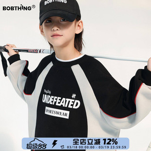 男童冬装黑白撞色加绒卫衣圆领套头上衣男童冬装帽衫厚外套中大童