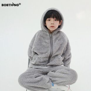 儿童双面云朵绒家居服套装连帽外套裤子2件套男童毛绒睡衣厚睡裤