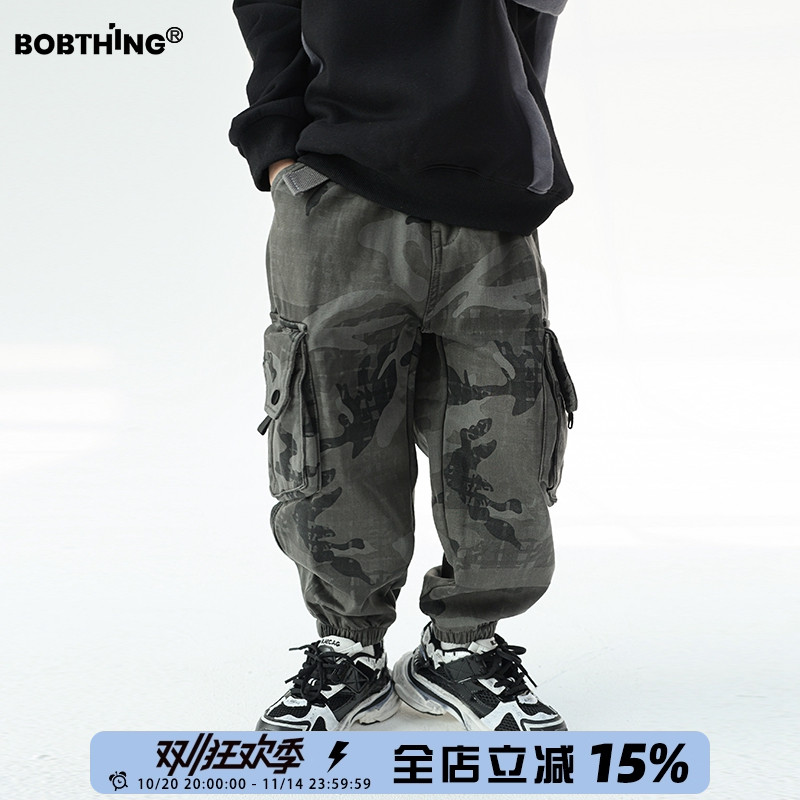 男童个性口袋一体绒迷彩裤儿童冬季加绒加厚工装裤潮童装休闲裤子