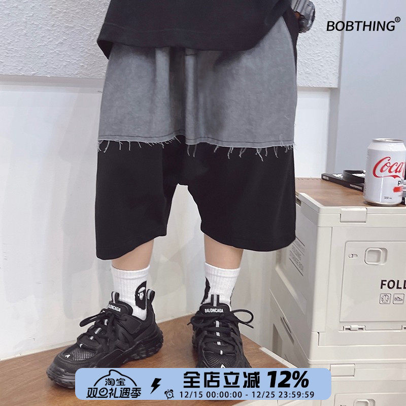 灰布拼接儿童宽松吊裆运动中裤男童夏季时髦短裤中大童休闲五分裤