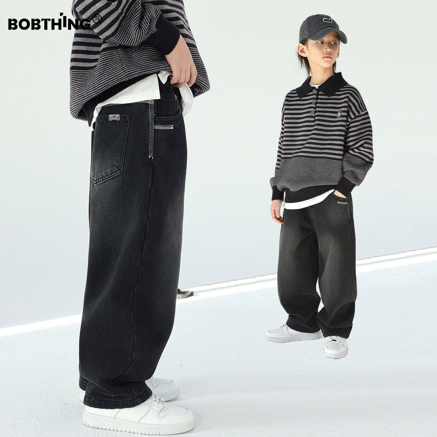 口袋小明线儿童冬季一体绒牛仔裤黑色长裤男童加厚休闲直筒裤子潮