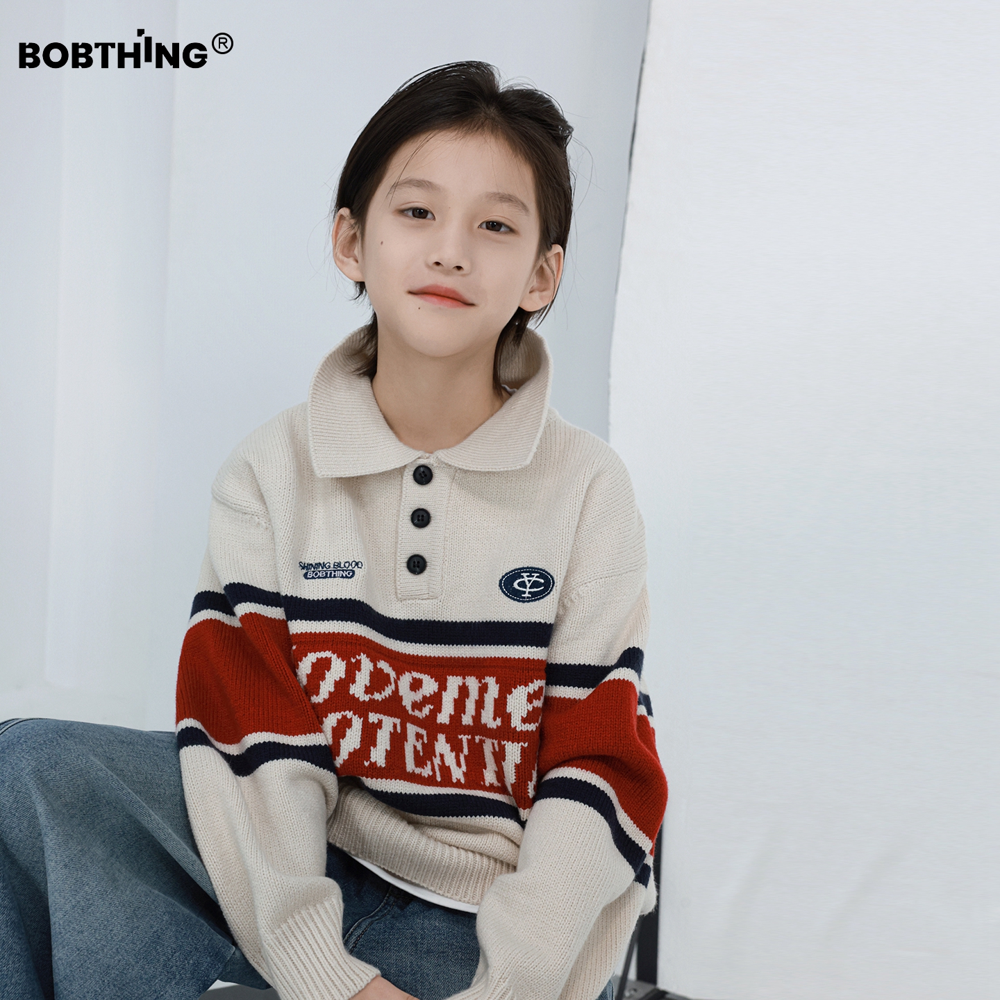 男童秋冬拼色字母翻领毛衣打底衫