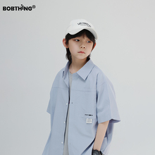 男童夏装2025新款儿童装浅蓝色短袖衬衫中大童半袖翻领衬衣外套