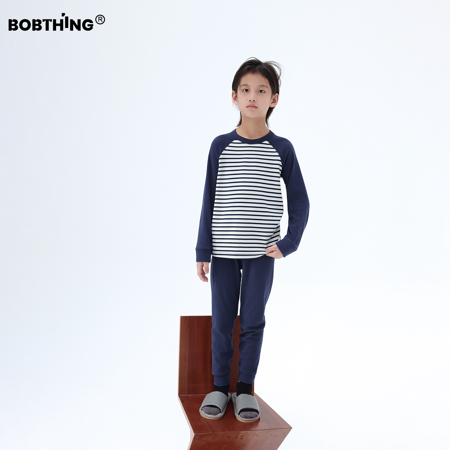 男童冬插肩条纹内衣秋裤2件套装