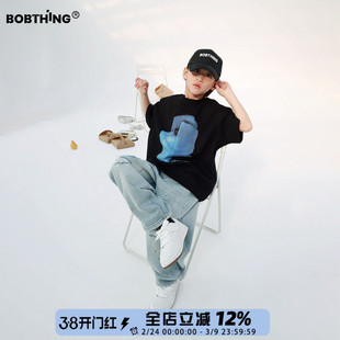 男童春装蓝色涂鸦短袖T恤2026新款儿童百搭上衣中大童针织打底衫