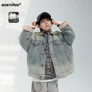 男童冬季牛仔夹克翻领羽绒服儿童90白鸭绒外套加厚保暖开衫潮童装