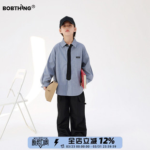 男童春装假领带设计格子衬衫2026新款儿童宽松衬衣休闲翻领上衣潮