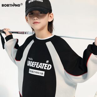 男童冬装黑白撞色加绒卫衣圆领套头上衣男童冬装帽衫厚外套中大童