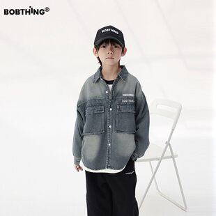 男童冬季加绒加厚牛仔衬衫2024新款儿童工装风衬衣翻领外套潮童装