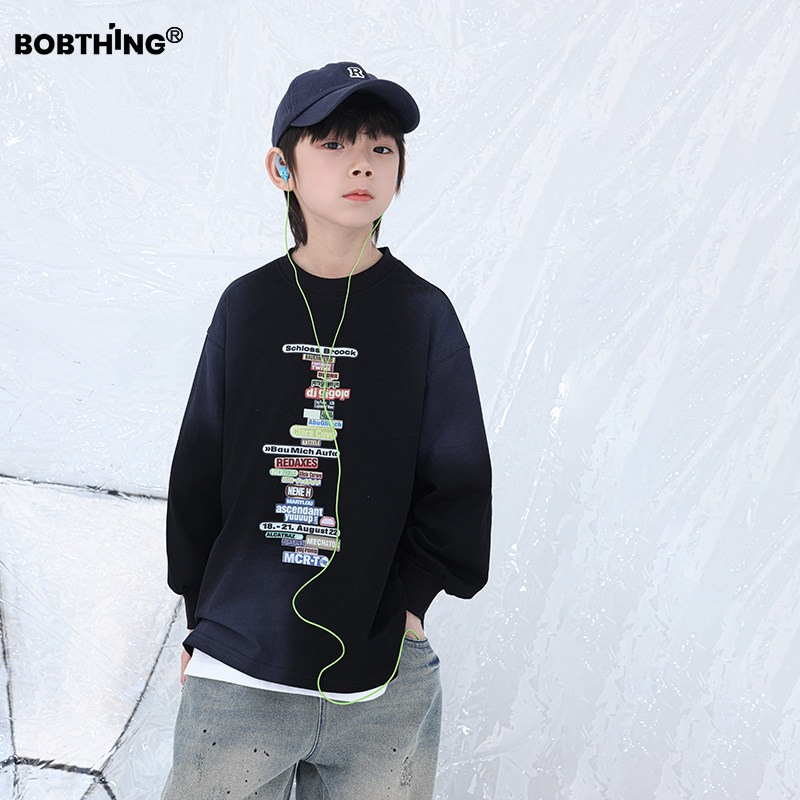 男童春装2025新款儿童装扎染彩色字母T恤衫中大童长袖打底衫卫衣