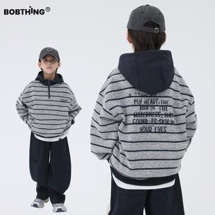 男童冬装抓绒条纹连帽卫衣加厚帽衫外套儿童半拉链套头上衣童装潮