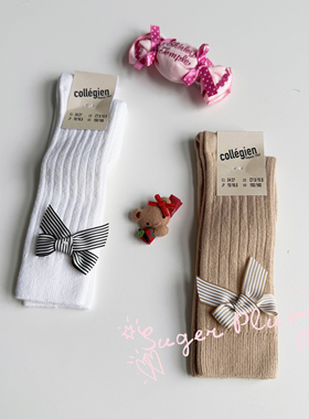 现货法国collegien  女童条纹蝴蝶结膝盖袜 百搭中筒袜