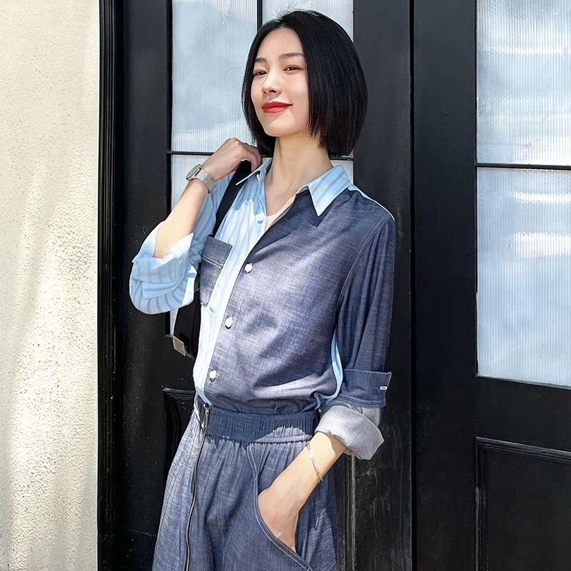 画粉原创条纹拼接牛仔长袖衬衫女夏季文艺小众设计感薄款休闲衬衣