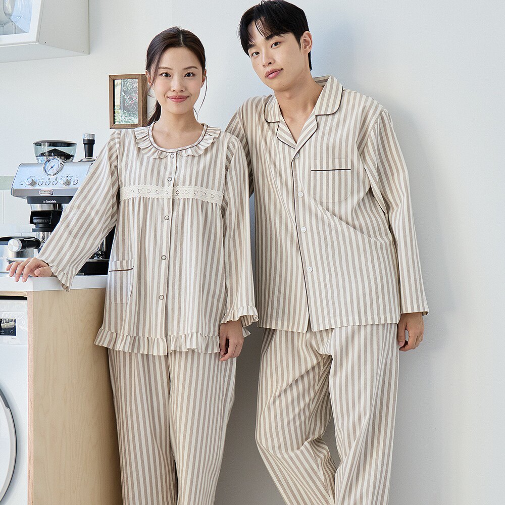 韩国进口carina正品26春秋季纯棉竖条纹男女长袖睡衣/家居服套装