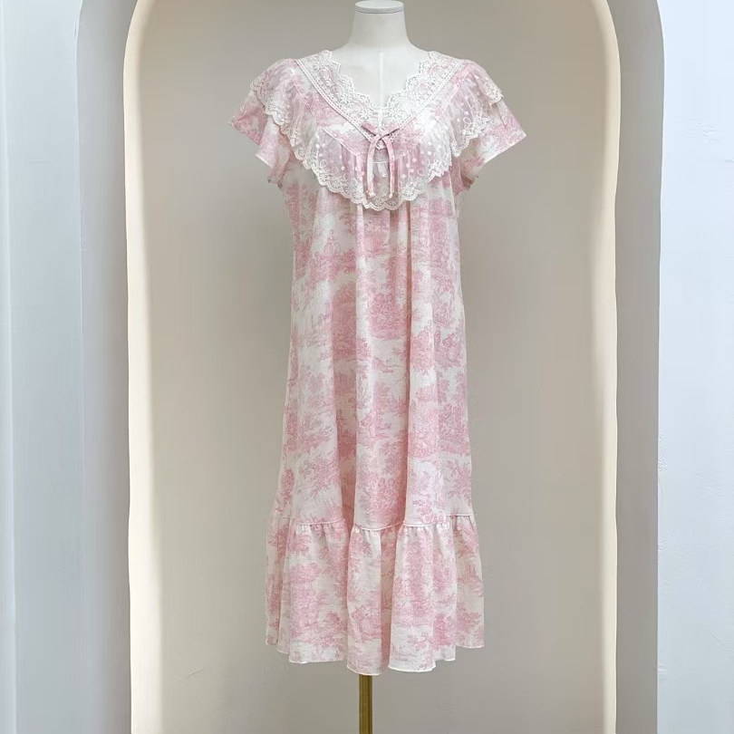 韩国进口lunaluz正品 25夏季V领蕾丝印花混纺短袖睡衣/睡裙家居服