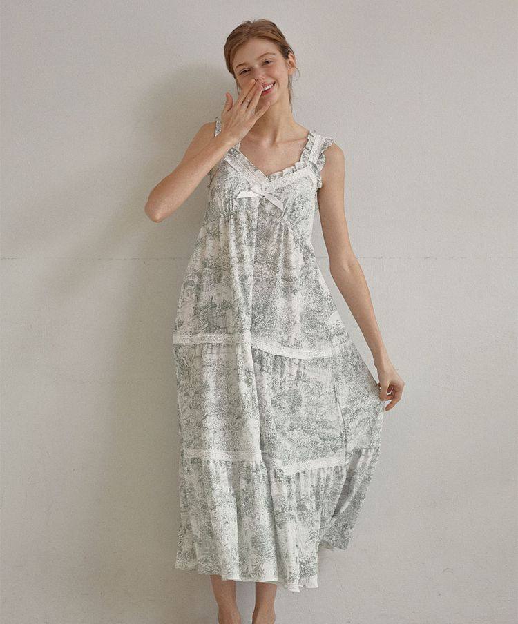 韩国进口lunaluz正品24夏季水墨印花垫胸纯棉女士睡衣/睡裙家居服