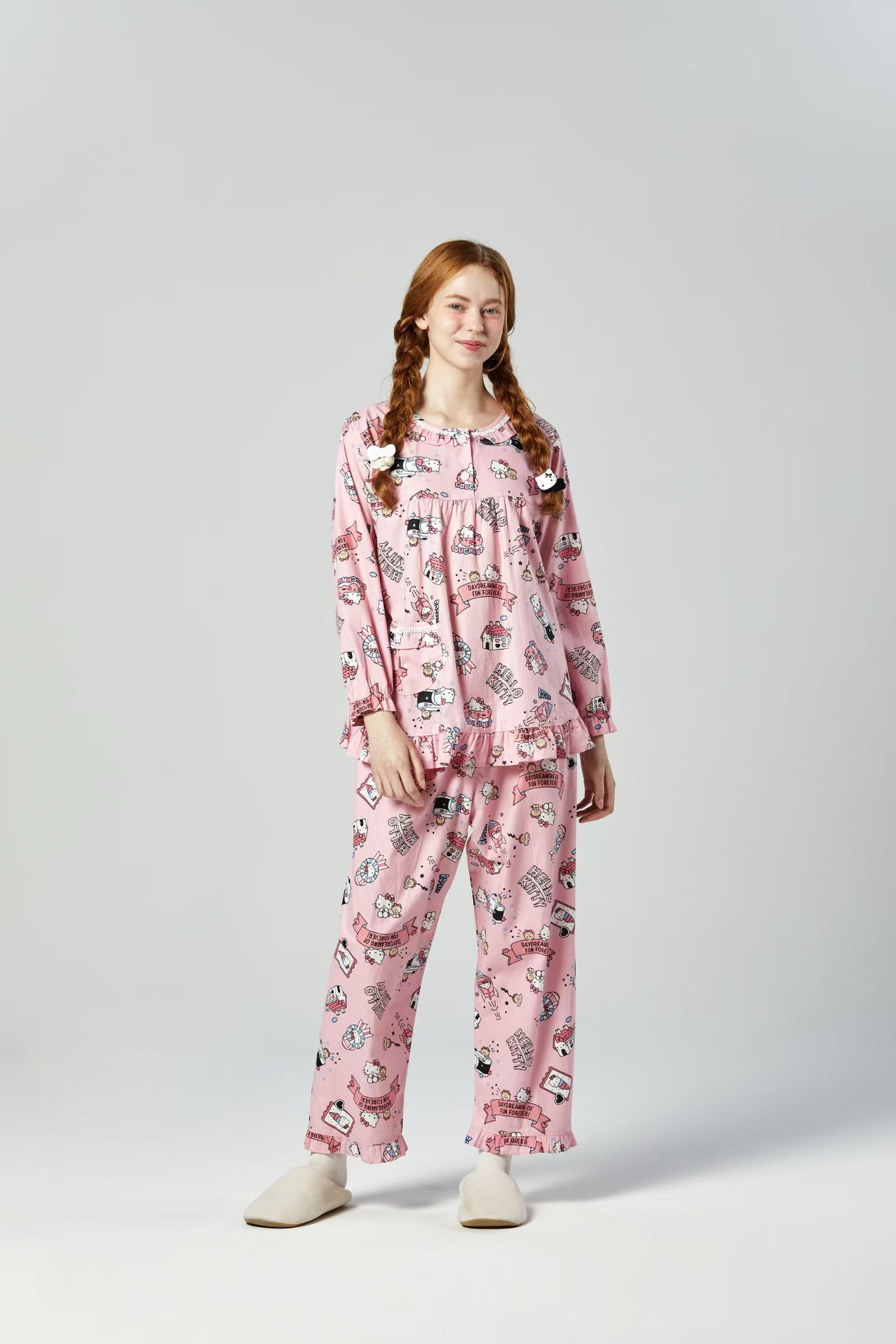 韩国进口hello kitty卡通可爱纯棉宽松女士长袖睡衣/家居服套装