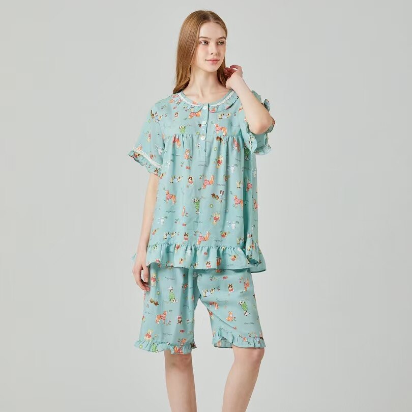 韩国进口ellyelly正品 夏季动物卡通天丝情侣短袖睡衣/家居服套装