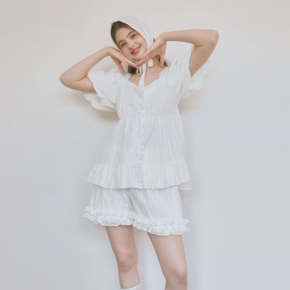 韩国进口lunaluz正品 25夏季纯棉宫廷风蕾丝短袖睡衣/家居服套装