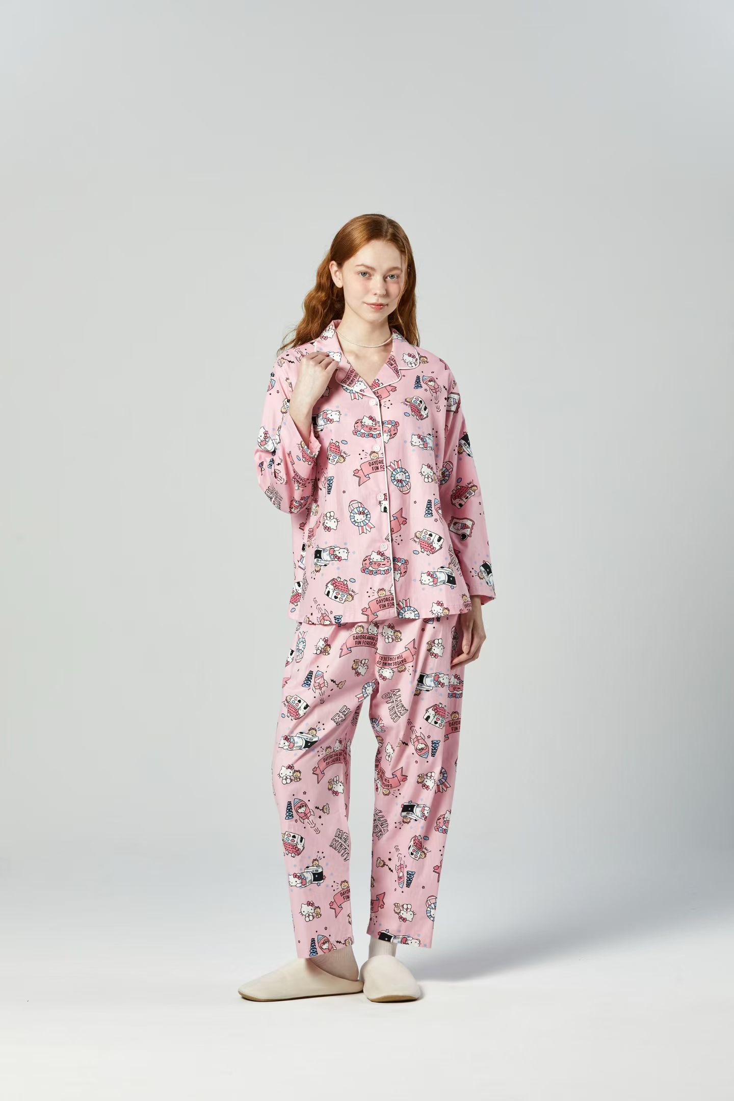 韩国进口hello kitty卡通猫咪春棉翻领女士长袖睡衣/家居服套装