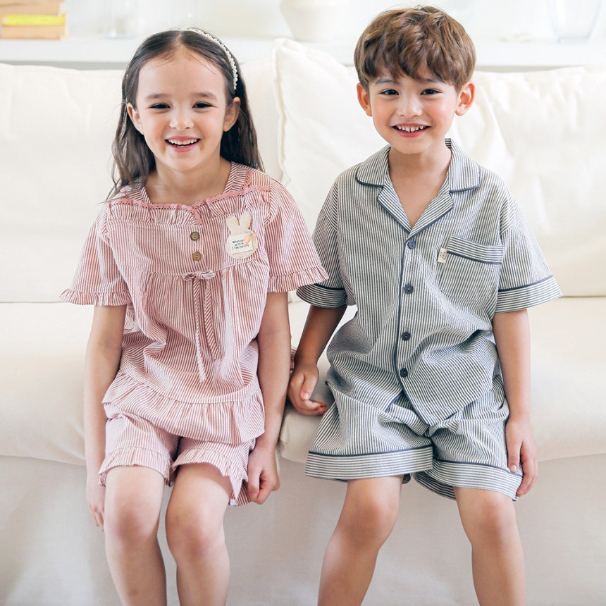 韩国进口童装SOLO 25夏季泡泡棉条纹男女儿童短袖家居服/睡衣套装