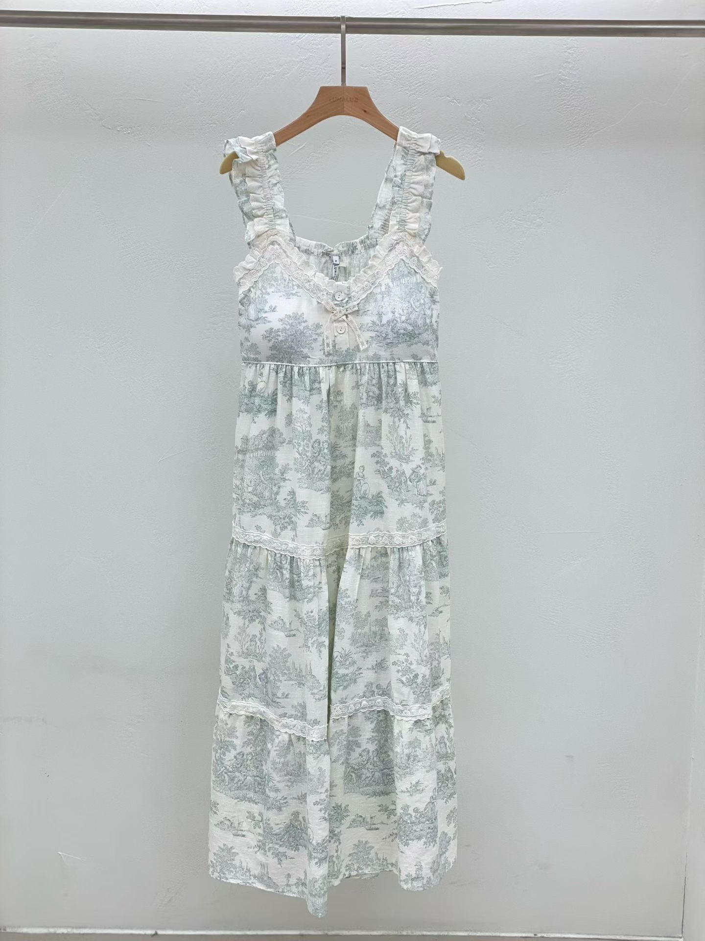 韩国进口lunaluz正品 26夏季棉吊带印花水墨垫胸女睡衣睡裙家居服