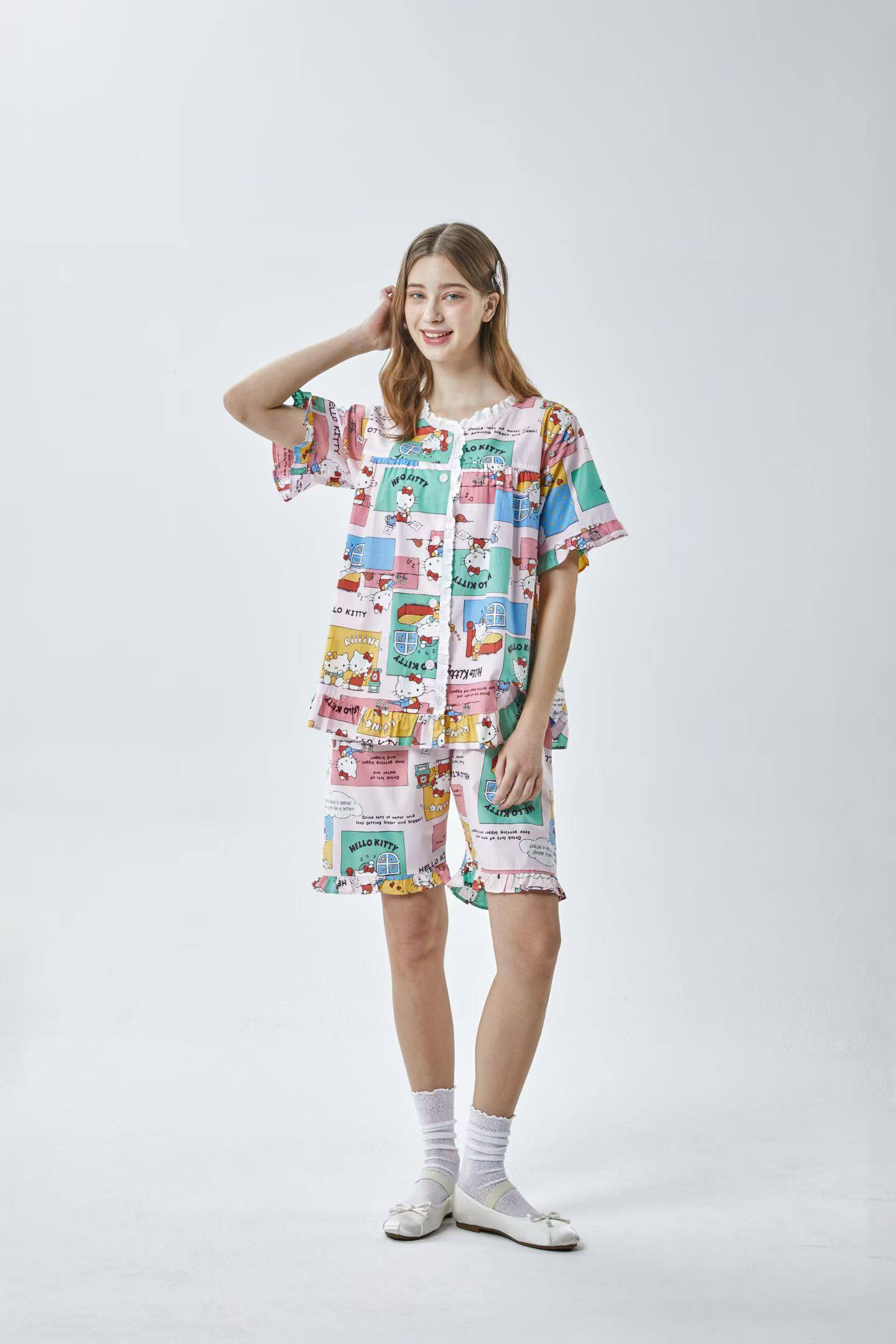 韩国进口Hello Kitty正品 26夏圆领短袖猫咪纯棉睡衣/家居服套装