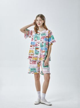 韩国进口Hello Kitty正品 26夏圆领短袖猫咪纯棉睡衣/家居服套装