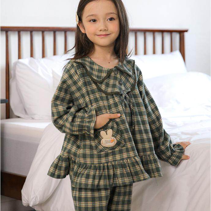 韩国进口童装SOLO 24秋冬磨棉保暖格子小兔男女童家居服/睡衣套装
