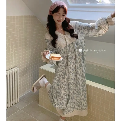 Public republic春秋田园花边V领蕾丝梭织双层棉纱碎花长袖睡裙女