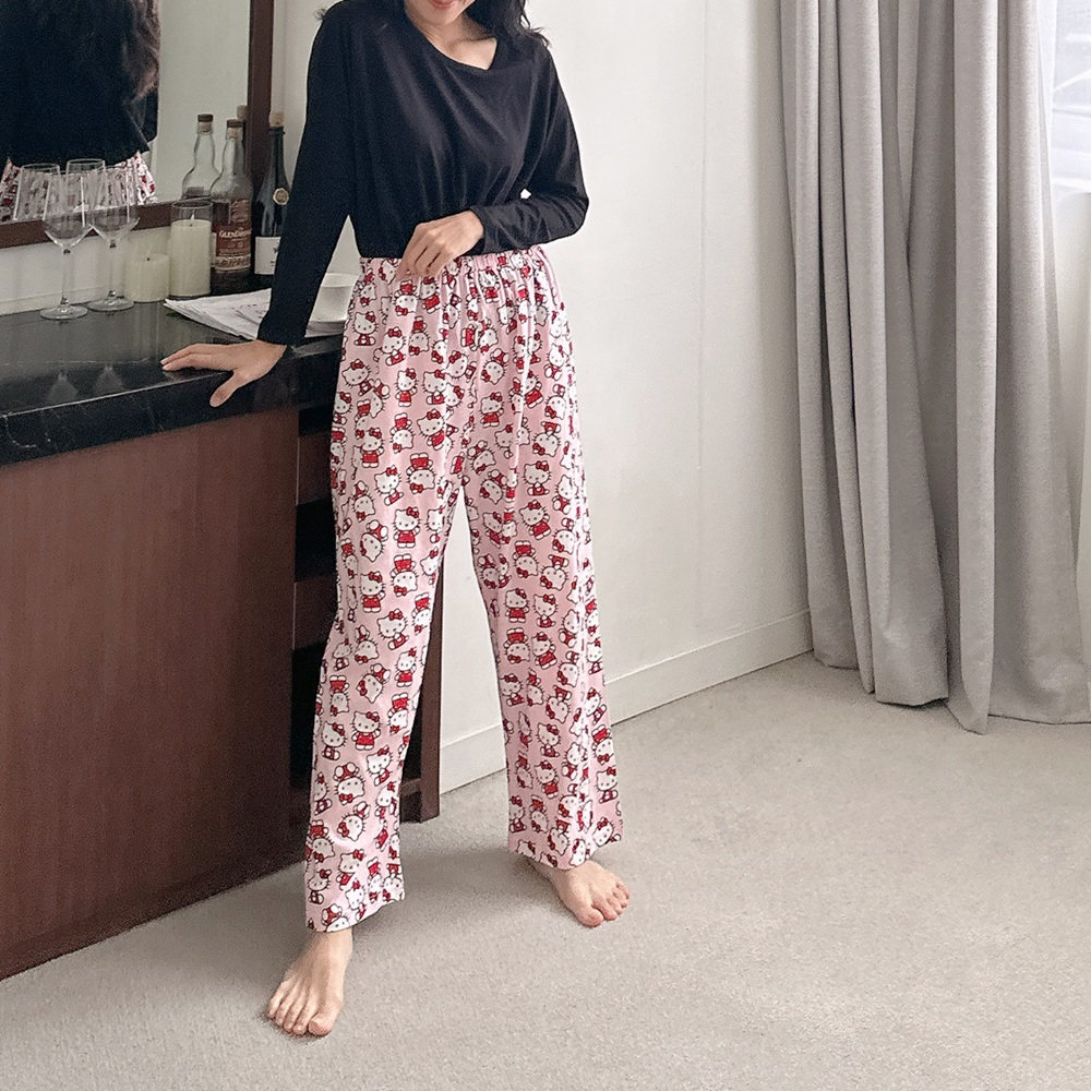 韩国进口正品休闲宽松纯棉女Kitty猫直通阔腿裤长睡裤舒适家居服