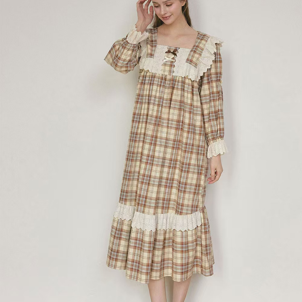 韩国进口lunaluz正品 25春季格子蕾丝纯棉女长袖睡衣/睡裙家居服