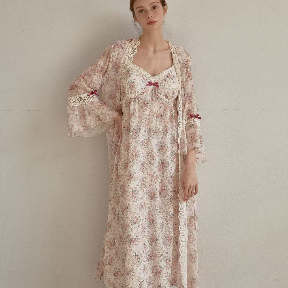 韩国进口lunaluz正品 丝滑优雅小碎花吊带+睡袍2件套性感家居服