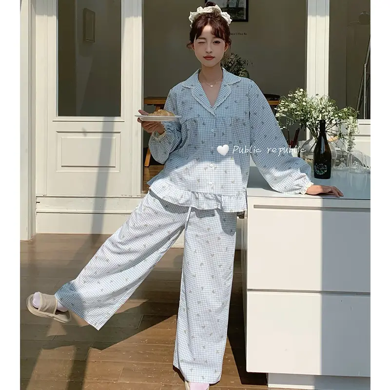 Public republic 甜美花边翻领开衫纯棉小熊睡衣小方格长袖家居服