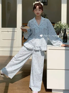 Public republic 甜美花边翻领开衫纯棉小熊睡衣小方格长袖家居服