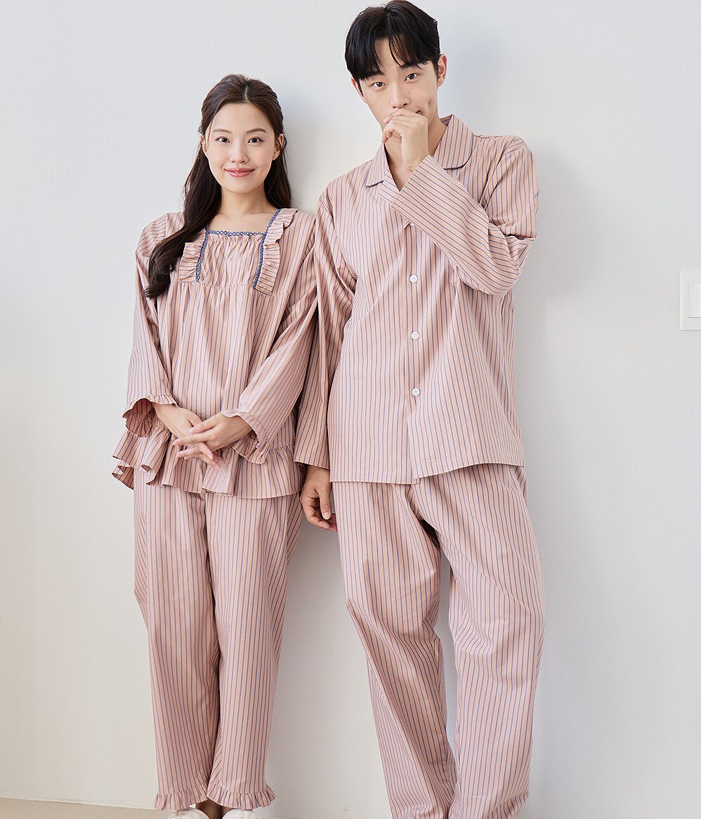 韩国进口carina正品26春纯棉舒适竖条纹男女长袖睡衣/家居服套装