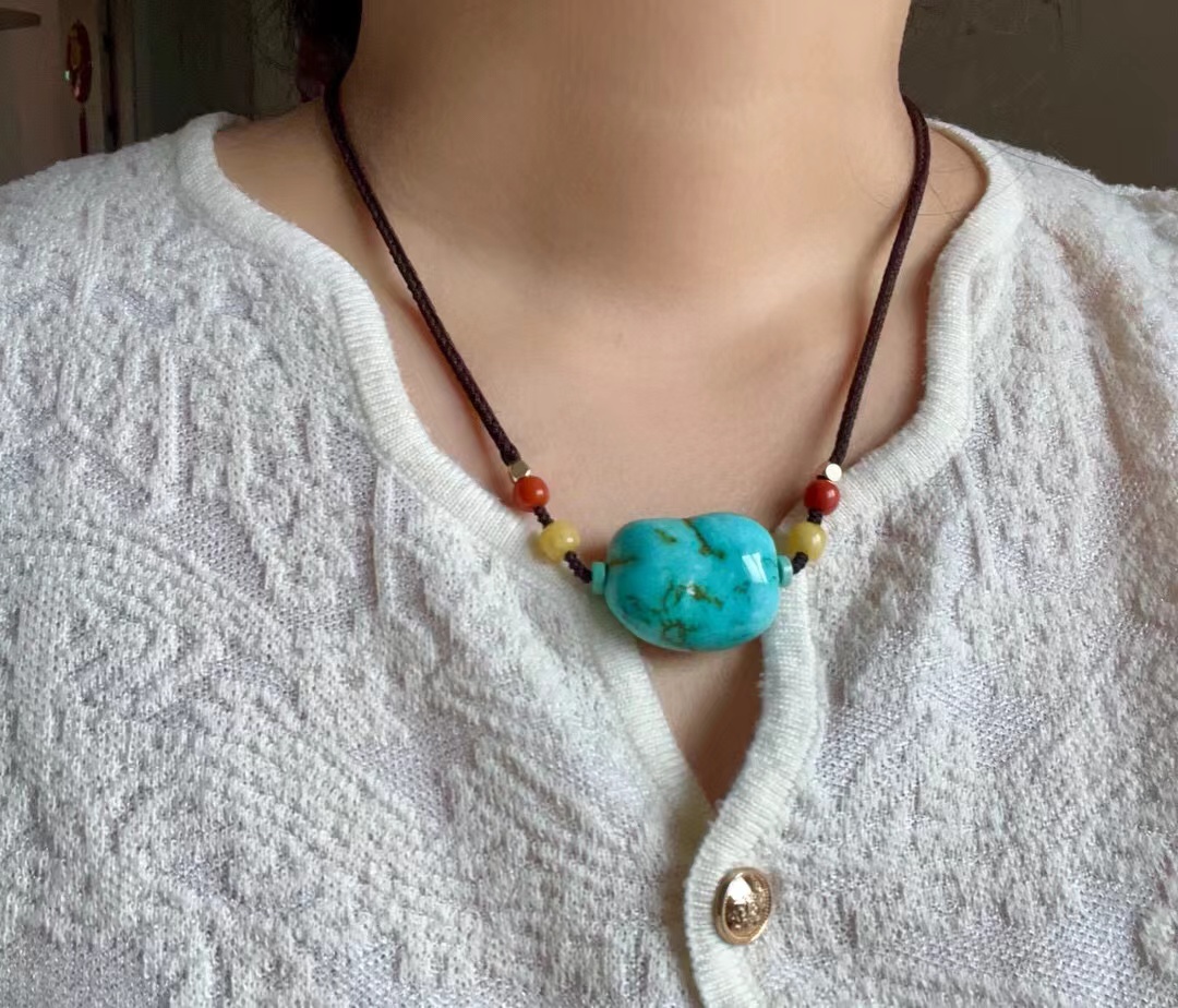 湖北原矿无优化绿松石随行圆珠项链毛衣链男女款高瓷蓝随形附证书