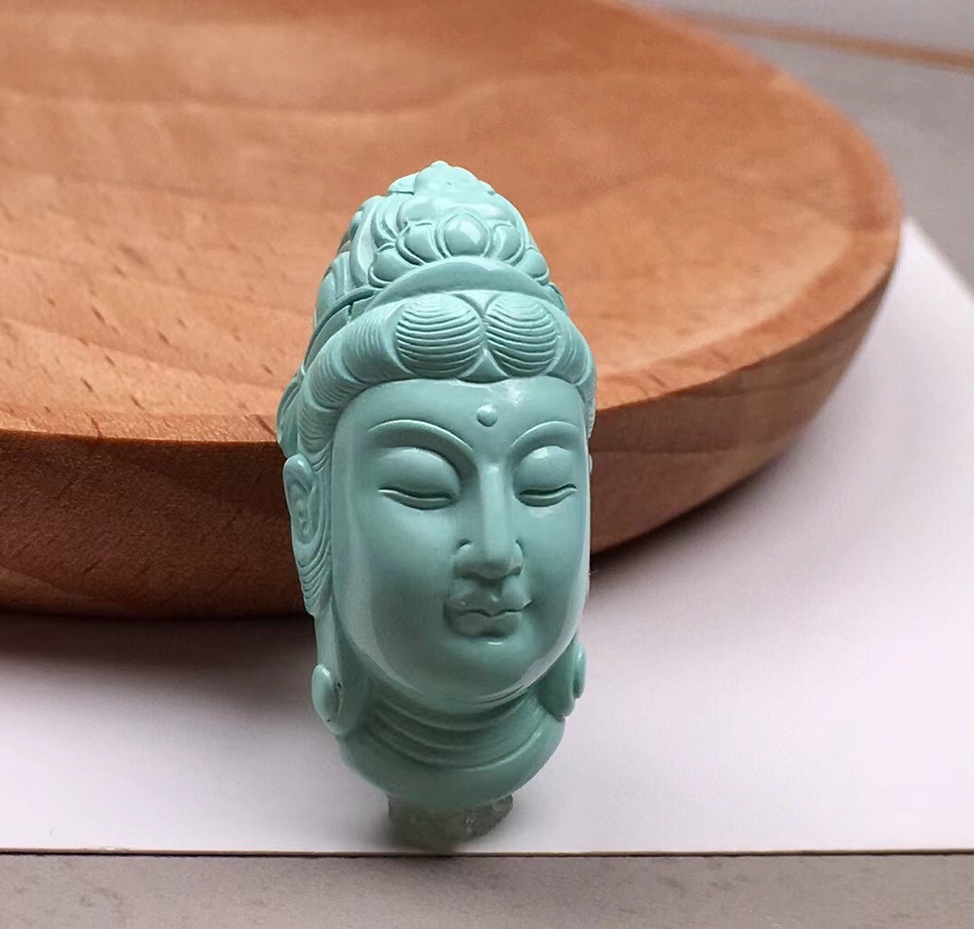 湖北原矿无优化绿松石观音头吊坠精雕三维立体图男女款附证书dy