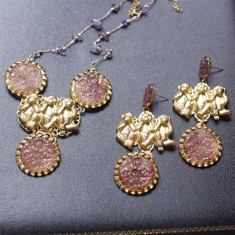 欧美中古董三不猴老琉璃耳饰项链