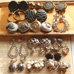 点详情页图片购买 法国复古风中古董优雅老琉璃vintage耳夹耳环